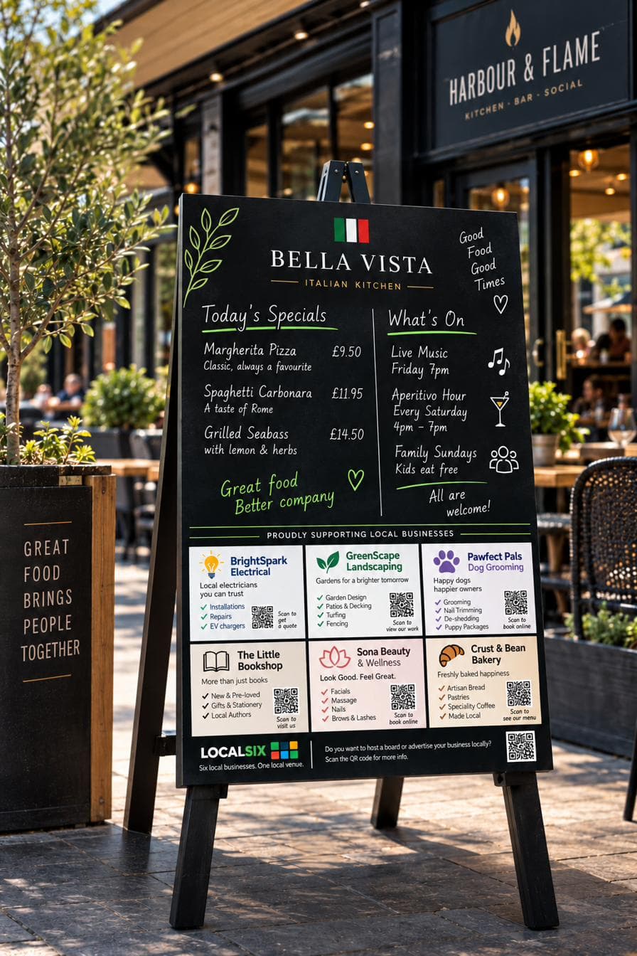 Example LocalSix board outside an Italian restaurant, showing six local business advertising tiles