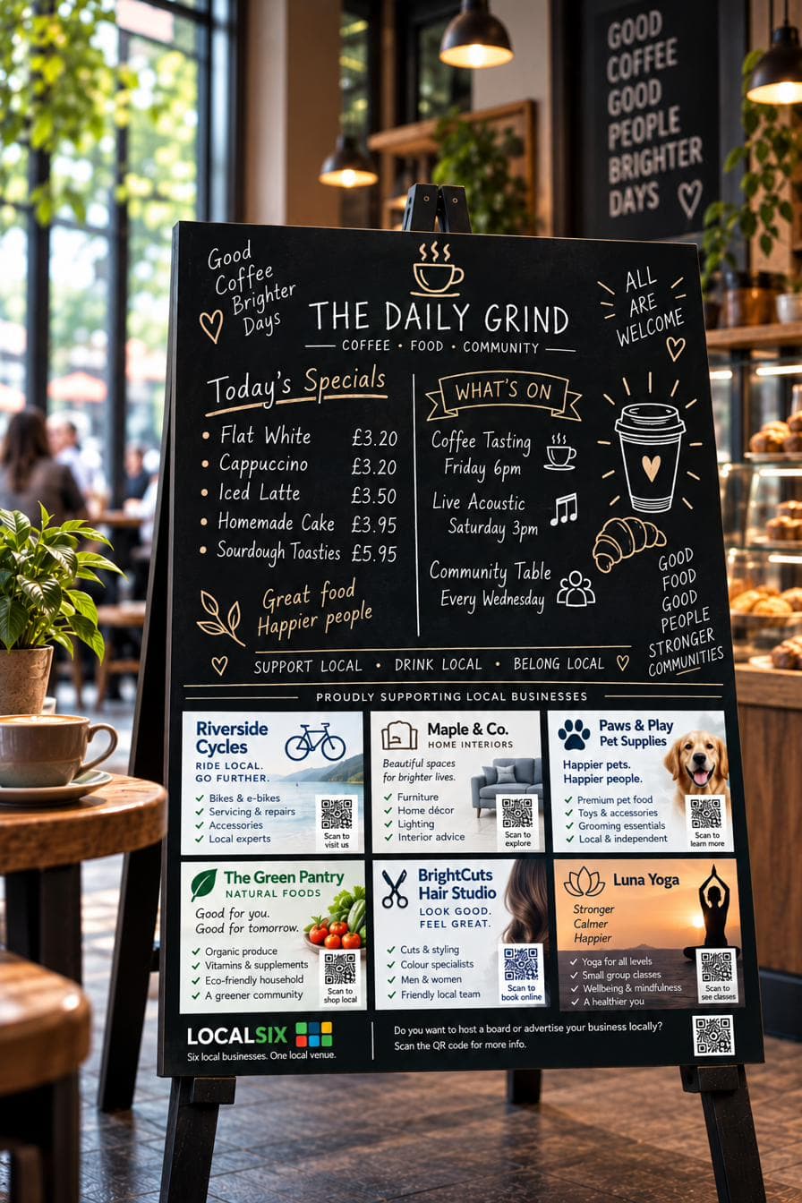 Example LocalSix board at The Daily Grind, a coffee shop