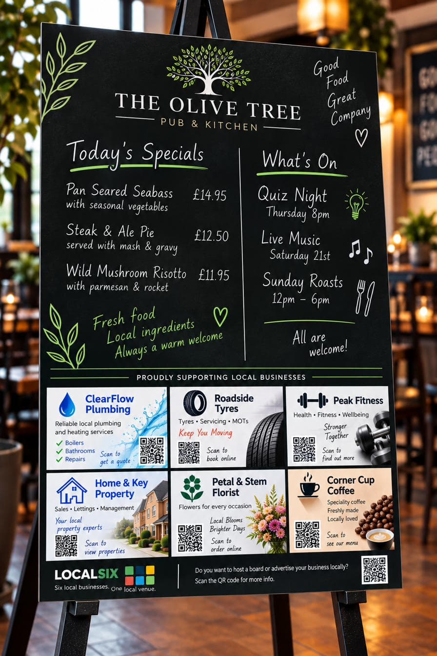 Example LocalSix board at The Olive Tree, a pub & kitchen