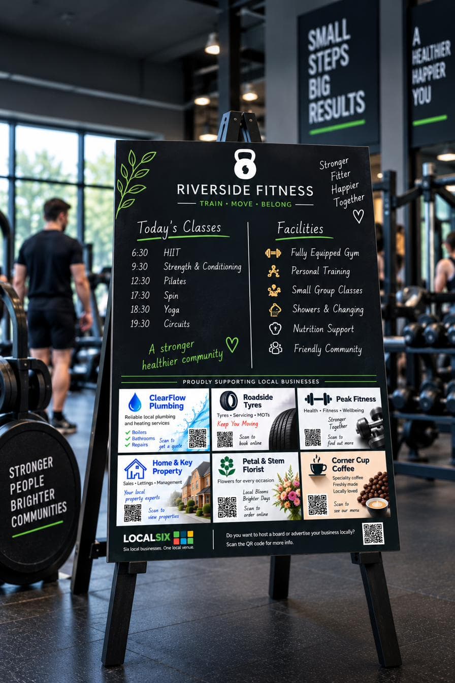 Example LocalSix board at Riverside Fitness, a gym